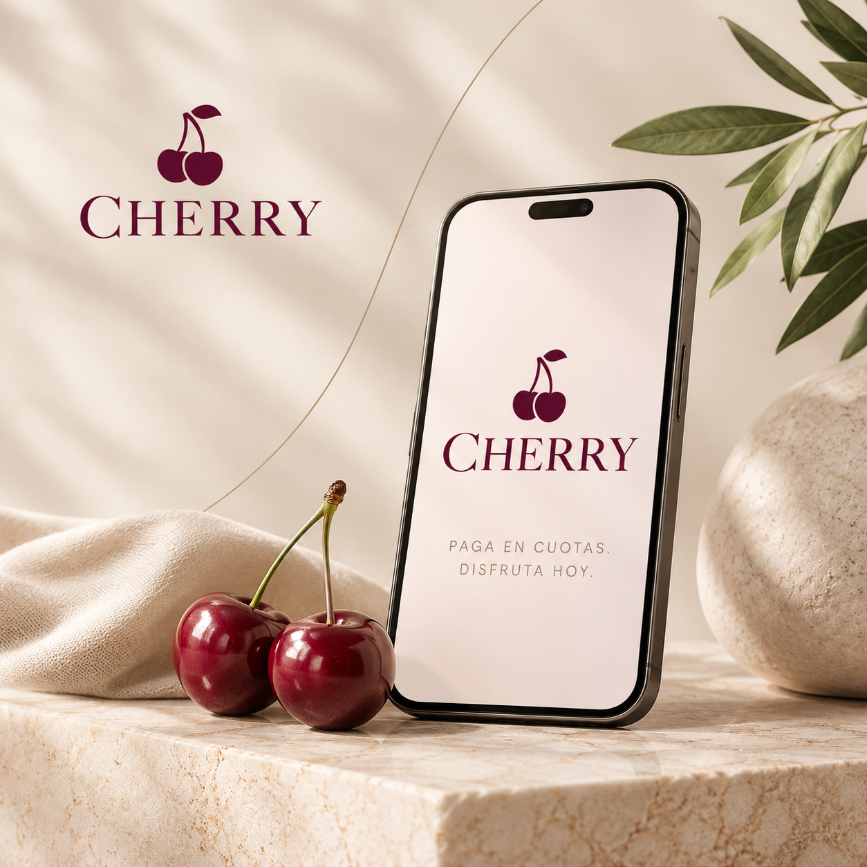Smartphone showing the Cherry logo with the tagline Pay in installments. Enjoy today, on a marble surface with fresh cherries